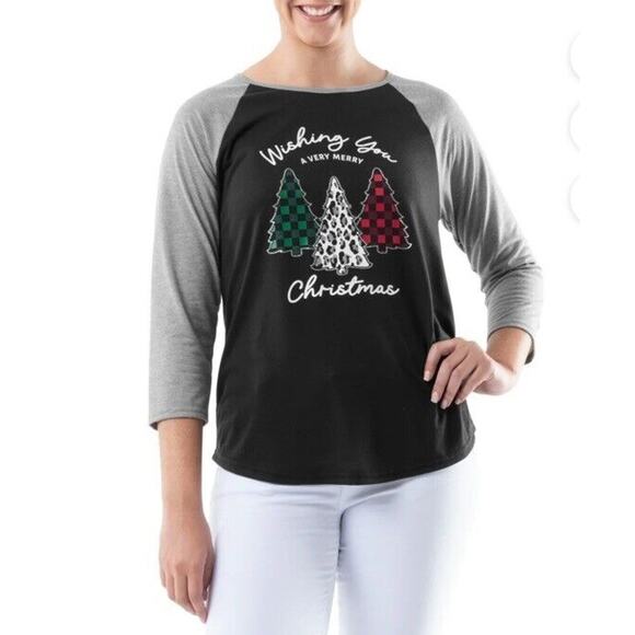 Holiday Time | Merry Christmas Trees Holiday Plaid Graphic Raglan Too Small - Picture 1 of 7